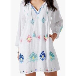 TOMMY BAHAMA Watercolor Tasseled Embroidered Ikat Split Neck Tunic Cover-up L